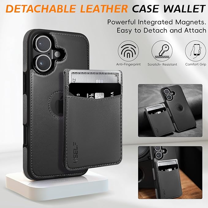 for iPhone 16 Leather Wallet Case, Compatible with Magsafe, 2 in 1 Detachable Magnetic Card Holder, RFID Blocking Kickstand Credit Slots Flip Case for Men Women, Black