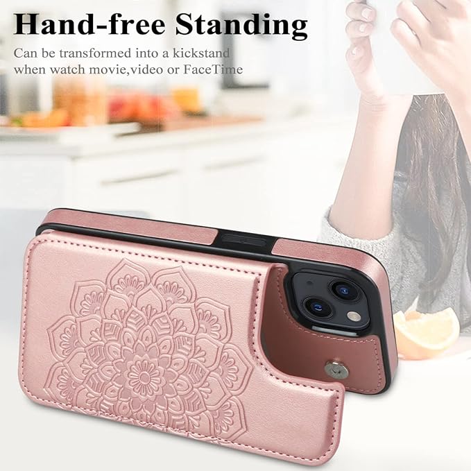 MMHUO for iPhone 14 Plus Case with Card Holder,Flower Magnetic Buttons Protective Wallet Case for Women for iPhone 14 Plus,Rose Gold