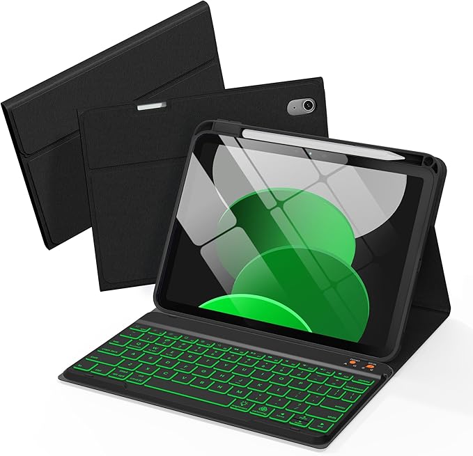 Folio Keyboard Case for iPad 10th Gen 10.9 inch (2022) and iPad 11th (A16, 2025), Magnetic Wireless Detachable Keyboard, 7-Color Backlight, Thin & Light, Pencil Holder (Black)