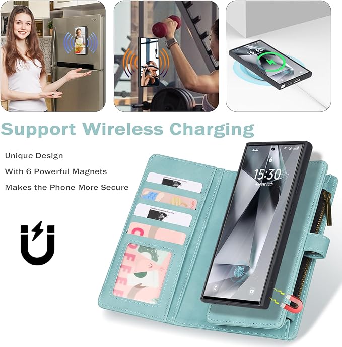 TwoHead for Samsung Galaxy S24 Ultra Wallet Case with Card Holder, Detachable Magnetic Phone Case for S24 Ultra,PU Leather All-Round Protective Phone Case Wallet with Wrist Strap,Blue