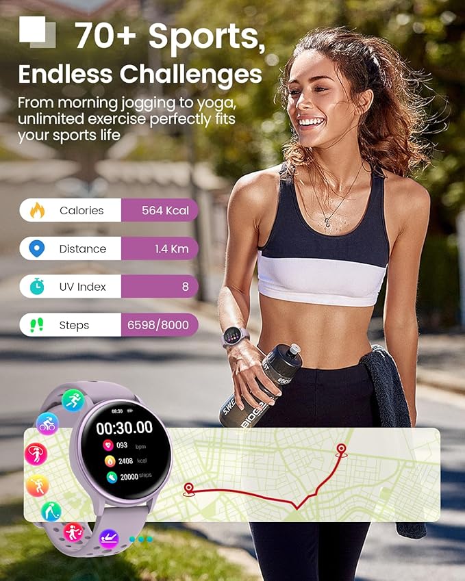 Smart Watches for Women, 42mm Smart Watch with 400+ Watch Face, 70+ Sport Modes, 24/7 Heart Rate, Sleep Monitor, Answer/Make Calls, Waterproof Activity Fitness Tracker for Android & iPhone (Purple)