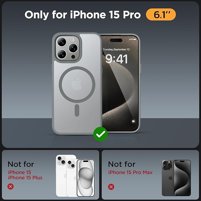 Miracase Magnetic for iPhone 15 Pro Case 6.1 inch (Compatible with MagSafe)（with 2X Screen Protectors）Military-Grade Protection, Anti-Fingerprint Translucent Matte Phone Cover, Gray