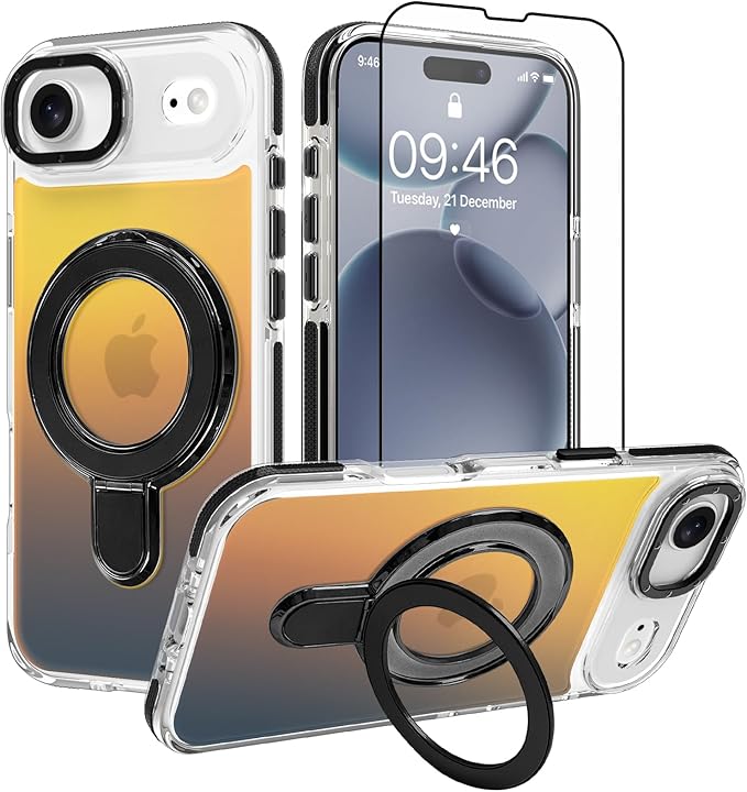 MOWIME Magnetic for iPhone Air Case with Stand [Compatible with Magsafe] [Cute Fashion Fluorescent Design] [1 Screen Protector] Slim Translucent Matte Case for iPhone Air 6.5" 2025, Black