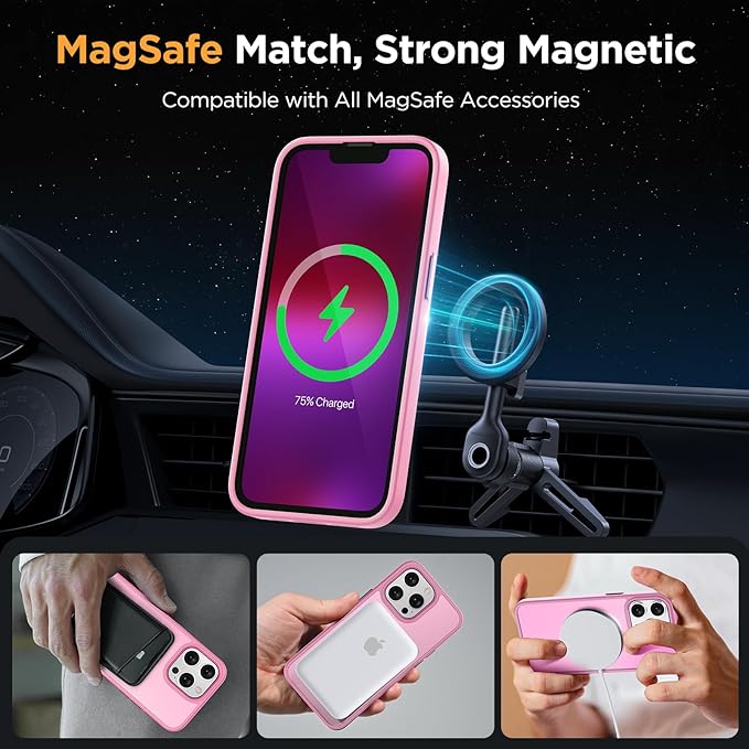Miracase Magnetic for iPhone 13 Pro Case 6.1 inch (Compatible with MagSafe)（with 2X Screen Protectors） Military-Grade Protection, Anti-Fingerprint Translucent Matte Phone Case Cover, Mes Pink