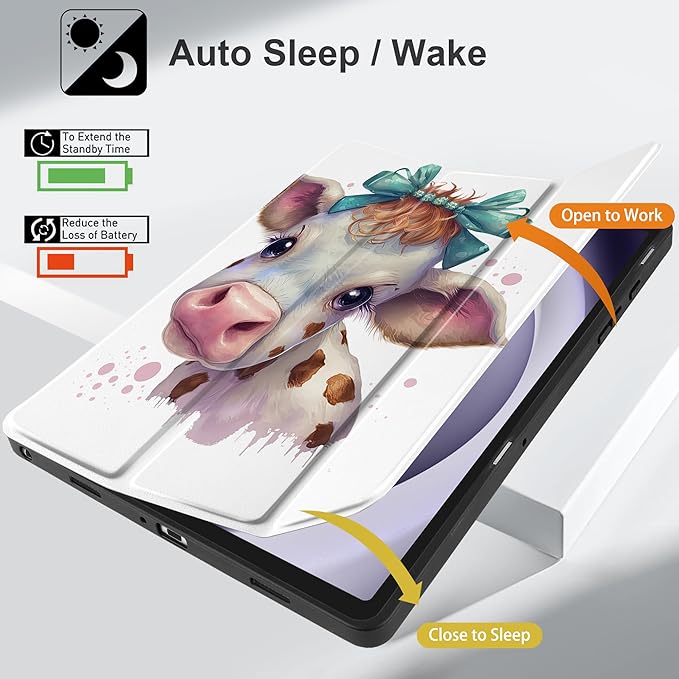 MEEgoodo Case for Samsung Galaxy Tab A9 Plus 11 inch Cover 2024 2023 with S Pen Holder, A9+ Smart Tablet Cases with Leather Trifold Stand+Soft TPU Back Shell+Smart Auto Wake/Sleep, Baby Cow