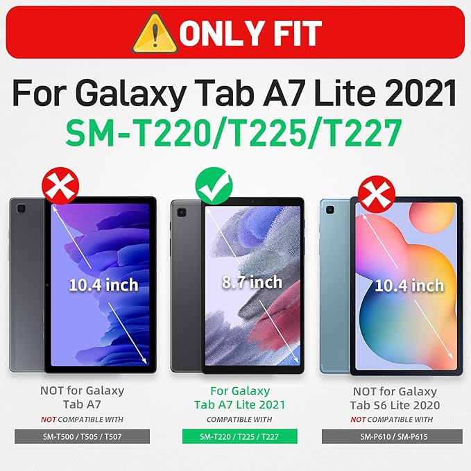 HXCASEAC Case for Samsung Galaxy Tab A7 Lite, Protective with Screen Protector/Hand Strap/Pen Holder, Sturdy A7 Lite Tablet Case, SM-T220 SM-T225 SM-T227, Black