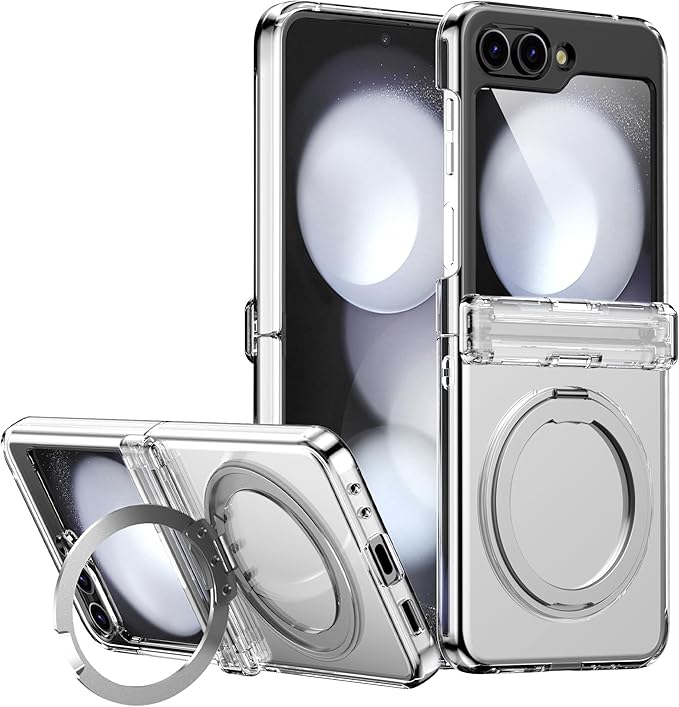 Magnetic Case for Samsung Galaxy Z Flip 5 Compatible with Magsafe, Built-in Kickstand & TPU Hinge Protection Flip 5 Case, Matte PC Cover Ultra Shockproof Phone Case for Z Flip5 (Clear)