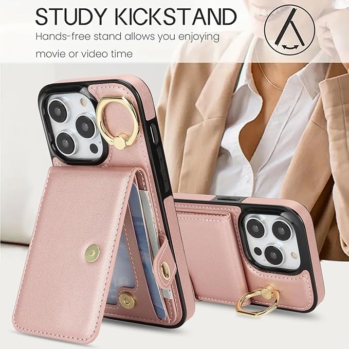 Compatible iPhone 16 Pro Wallet Case with Card Holder RFID Blocking PU Leather Doubles as a Wallet Unisex Flip Shockproof Protection with Card Slots Ring Wrist Kickstand Function,Rose Gold