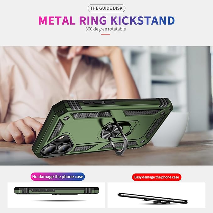 ADDIT Compatible with iPhone 17 Case with Tempered Glass Screen Protector, Adjustable Kickstand Ring, Military-Grade Heavy Duty Protection, Shockproof, Anti-Fingerprint,ArmyGreen