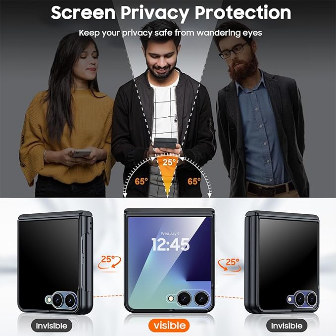 for Samsung Galaxy Z Flip 7 Case with Hinge Protection & Built-in Privacy Screen, Ultra Thin Stylish Leather Matte PC Durable Shockproof Cover Phone Case for Galaxy Z Flip 7-Black