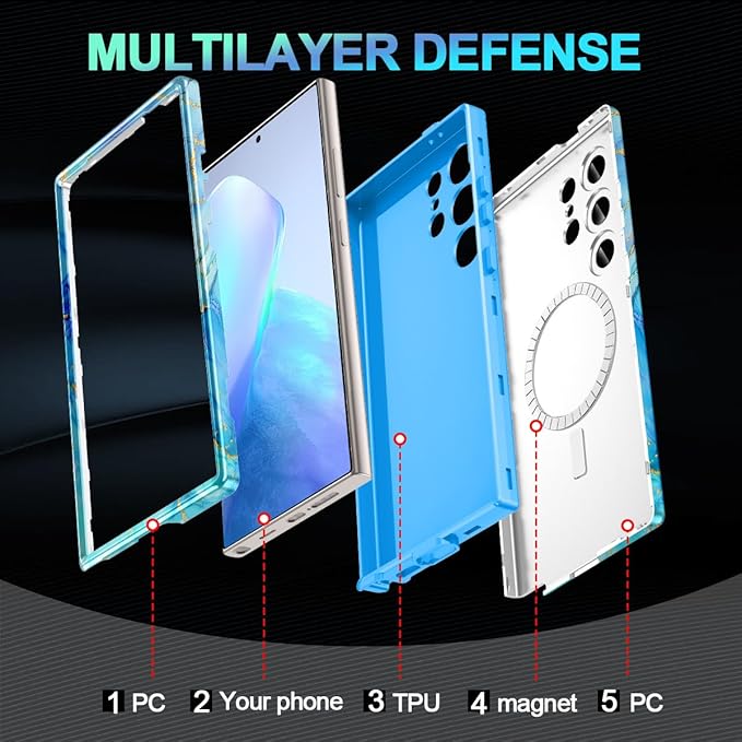 Casetego for Galaxy S24 Ultra Case,Compatible with MagSafe,[Military Grade Drop Test] Full Body Protection Slim Shockproof Rugged Marble Women Case for Samsung Galaxy S24 Ultra 6.8 inch,Light Blue