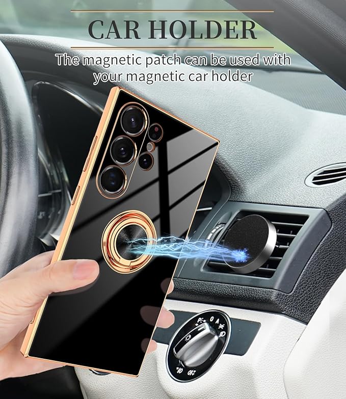 Dinick Black for Samsung Galaxy S24 Ultra Case with Ring Holder Kickstand [with Magnetic] Soft TPU Bumper, Glitter Gold Electroplated Cover Slim Thin Protective Phone Case for Galaxy S24 Ultra