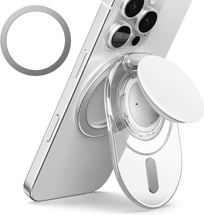 Sinjimoru Phone Grip Stand, Compatible with MagSafe, Adaptor Ring Included, 3000G Kickstand for iPhone 17/16/15/14/13. M-Tap Tok Stand Clear White