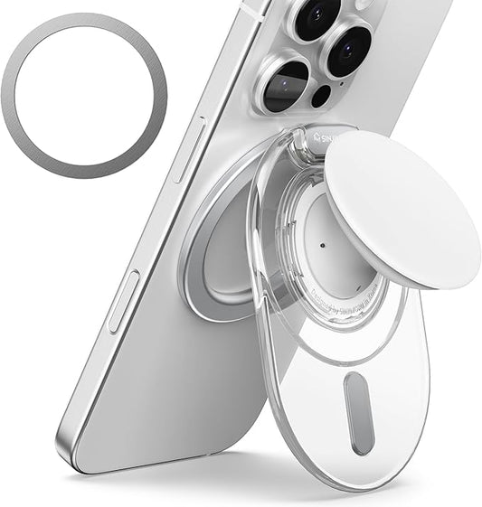 Sinjimoru Phone Grip Stand, Compatible with MagSafe, Adaptor Ring Included, 3000G Kickstand for iPhone 17/16/15/14/13. M-Tap Tok Stand Clear White