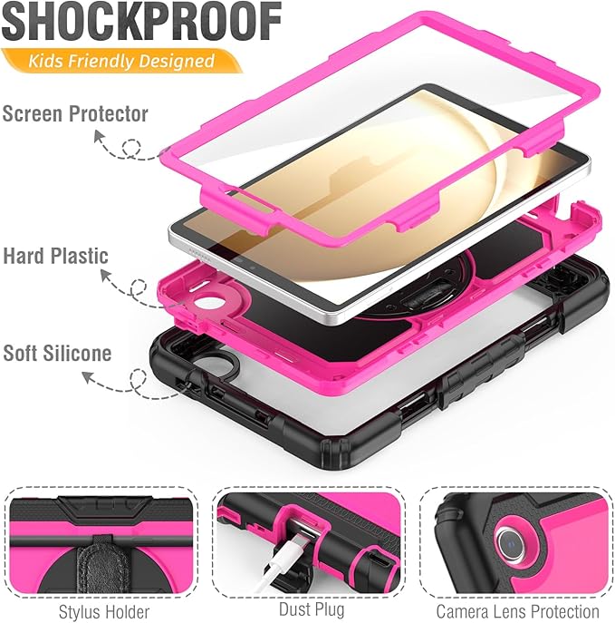 HXCASEAC Case for Samsung Galaxy Tab A9 8.7 Inch, Protective with Screen Protector/Hand Strap/Pen Holder, Sturdy Shockproof for Samsung A9 Tablet Case SM-X110 SM-X115 SM-X117 - Rose
