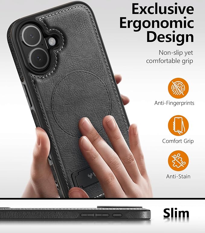 Magnetic for iPhone 17 Leather Case,Built-in Invisible Stand [Compatible with Magsafe] Protective Slim Kickstand Phone Cover for iPhone 17 Case, Black