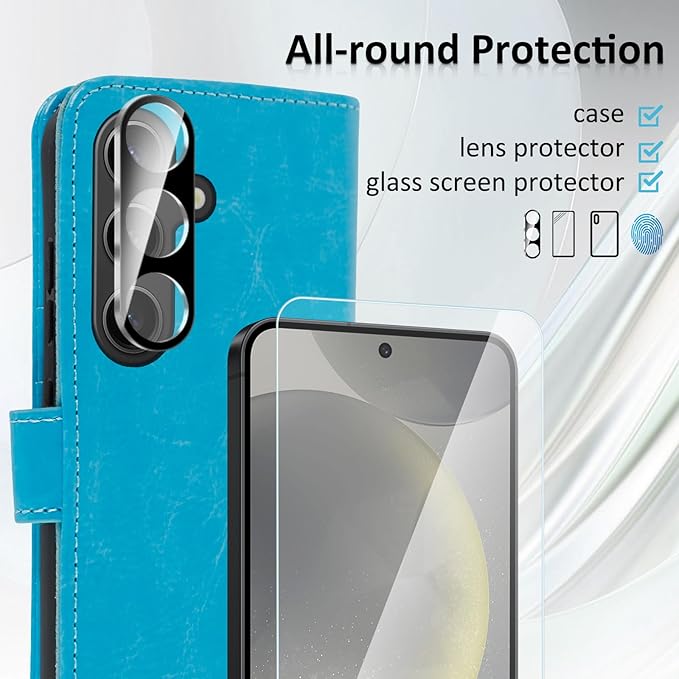 MONASAY Wallet Case Fit for Samsung Galaxy S24+ Plus 5G, [Lens & Glass Screen Protector Included] [RFID Blocking] Flip Folio Leather Cell Phone Cover with Credit Card Holder，6.7 inch, Light Blue