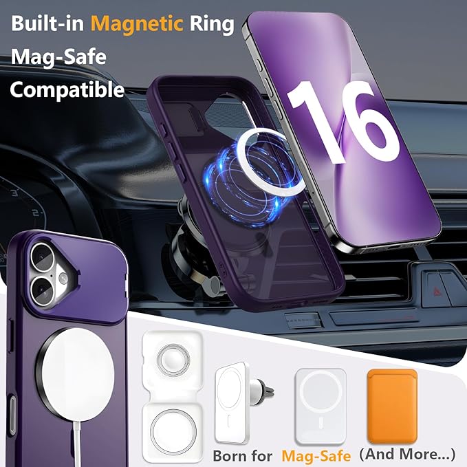 Innaght Magnetic for iPhone 16 Case with Stand,Compatible with MagSafe,Rugged,Heavy Duty,Protective Case Kickstand,[Built-in Invisible Stand],Purple
