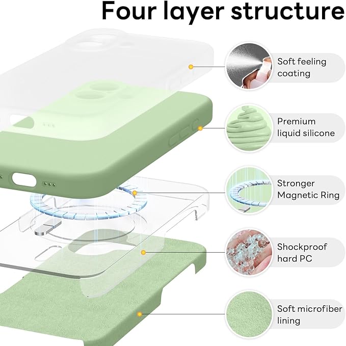 Vooii Magnetic Compatible with iPhone 17 Case (Compatible with Magsafe) (Upgraded Camera Protection) Liquid Silicone Shockproof Full Body Protective Phone Cover for Women Men, Matcha, 6.3"