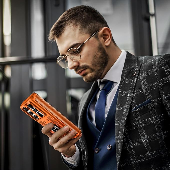 VEGO for Galaxy Z Fold 5 Case with Belt Clip Holster, 360°Ring Magnetic Kickstand & Camera Cover & Front Screen Protector, Hinge Protection Shockproof Armor Cover - Orange