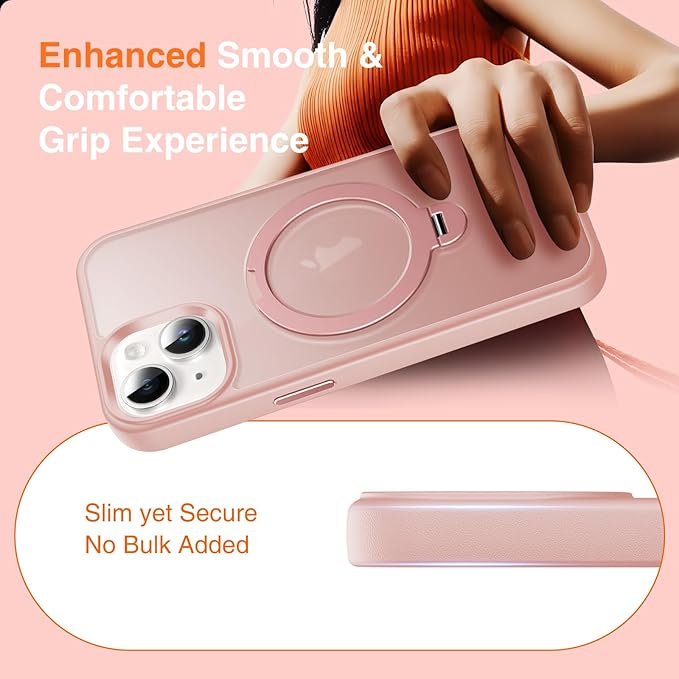 360° O-Ring MagStander for iPhone 13 Case, iPhone 14 Case with Magnetic Stand Ring Holder [Compatible with MagSafe][15FT Military Shockproof] Kickstand iPhone 13/14 Phone Cover Matte Pink