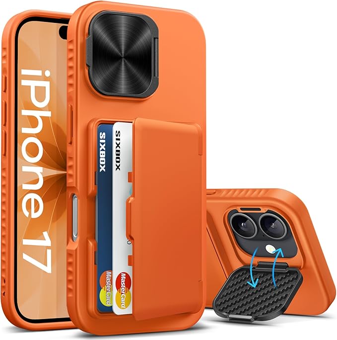for iPhone 17 Case with Credit Card Holder, Built-in Camera Cover & Stand, Silicone Bumper Raised Edge Multifunctional Full Body Protective Phone Cover Case for iPhone 17 2025, Orange