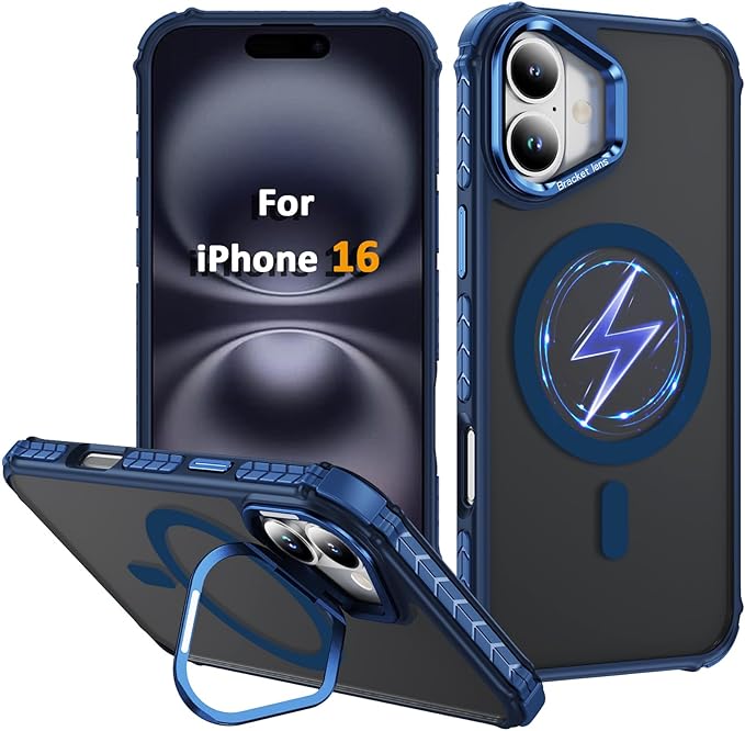 Magnetic for iPhone 16 Case Blue with MagSafe Wireless Charging Heavy Duty Military-Grade Shockproof Protection Adjustable Kickstand Slim Matte Anti-Fingerprint Cover Men Women