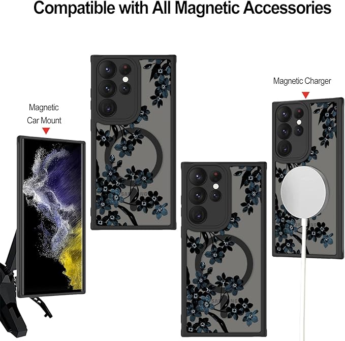 Fiyart Designed for Samsung Galaxy S22 Ultra Case Matte Flowers Design Compatible with MagSafe Wireless Charging,Cute Floral Anti-Scratch Translucent Phone Cover for Women Girls 6.8"-Black