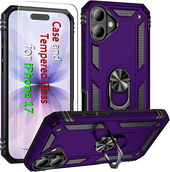 ADDIT Compatible with iPhone 17 Case with Tempered Glass Screen Protector, Adjustable Kickstand Ring, Military-Grade Heavy Duty Protection, Shockproof, Anti-Fingerprint,Purple