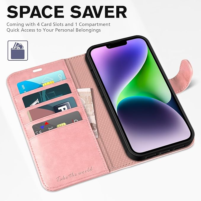 TUCCH Wallet Case for iPhone 14 6.1-inch 5G, [TPU Shockproof Inner Shell] PU Leather [RFID Blocking] 4 Credit Card Holder Magnetic Kickstand Flip Cover Compatible with iPhone 14 (6.1"), Rose Gold