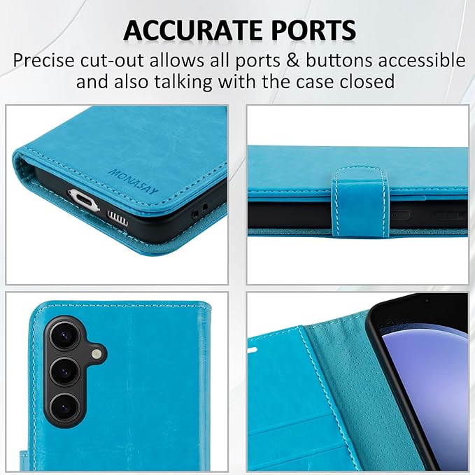 MONASAY Wallet Case Fit for Samsung Galaxy S23 FE 6.4 inch 5G,[RFID Blocking] Flip Folio Leather Cell Phone Cover with Credit Card Holder, Light Blue