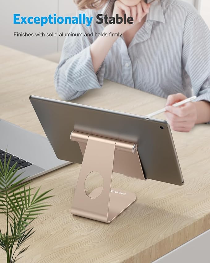 OMOTON Tablet Stand Holder Adjustable, T1 Desktop Aluminum Tablet Dock Cradle Compatible with iPad Air/Mini/Pro 11/12.9, iPad 10.2/9.7, Samsung Tab and More, Gold