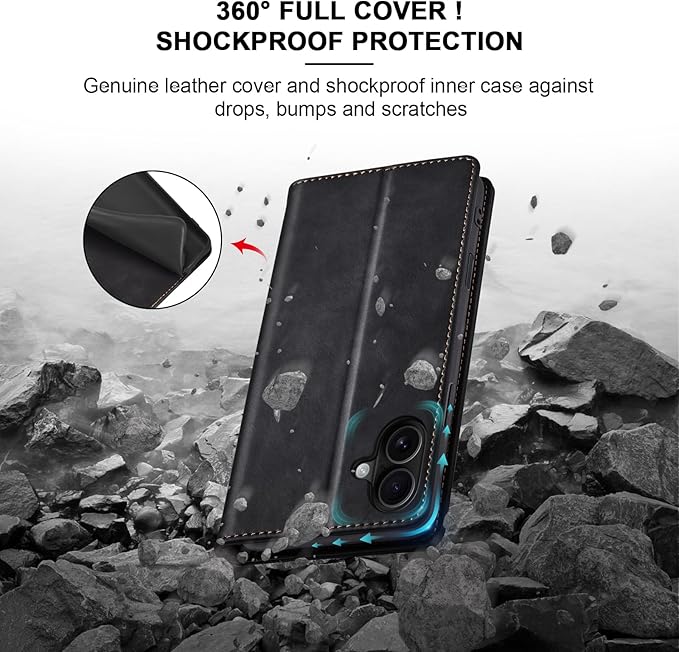 Jasonyu Flip Wallet Case for iPhone 16 Plus,Leather Magnetic Folio Cover with Card Holder,Kickstand - TPU Shockproof Durable Protective Phone Case,Black