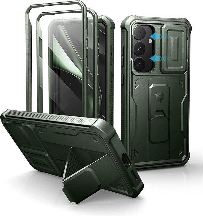 Dexnor for Samsung Galaxy S25 Plus Case with Built-in Slide Camera Cover & Screen Protector & Kickstand,Heavy-Duty Shockproof Rugged Case Full-Body Bumper Cover for Galaxy S25 Plus(2025),Army Green