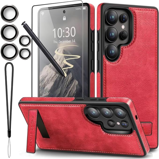 for Galaxy S25 Ultra Leather Case, Built-in Foldable Alloy Stand, with Camera Lens and Screen Protector, Slim Shockproof Kickstand Phone Cover 2025 (Red)