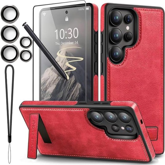 for Galaxy S25 Ultra Leather Case, Built-in Foldable Alloy Stand, with Camera Lens and Screen Protector, Slim Shockproof Kickstand Phone Cover 2025 (Red)