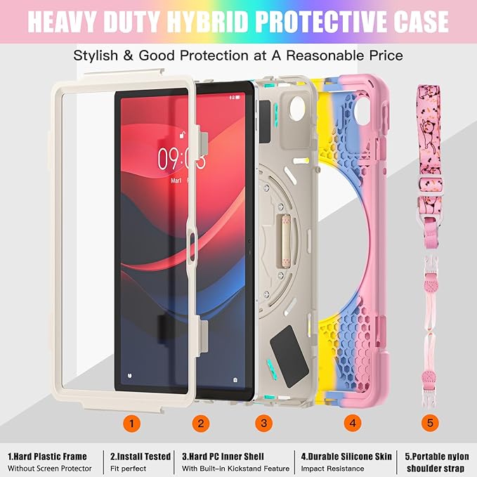 TSQQST Case for Lenovo Tab M11/ K11 LTE 2024 TB-330FU/TB330XU for Kids Girls, Full Body Drop Proof Case for Lenovo Xiaoxin Pad 2024 (TB331FC), 360° Rotate Stand &Hand Strap | Colorful Pink
