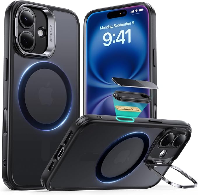 ESR for iPhone 16 Plus Case,Camera Control Button Compatible with MagSafe, Military-Grade Protective Case, Built-in Stash Stand Phone Case, Scratch-Resistant Back Cover, Classic Series, Frosted Black