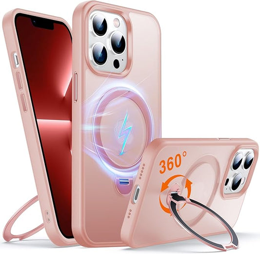 360° O-Ring MagStander for iPhone 13 Pro Case with Magnetic Kickstand Ring Holder [Compatible with MagSafe][360°Rotate Stand Ring][Military Shockproof] iPhone 13 Pro Phone Cover Matte Pink