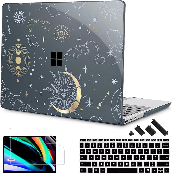 Tuiklol Case for 12.4 Inch Microsoft Surface Laptop Go 3/2 / 1 2023-2020 Releases, Plastic Hard Shell Case with Screen Protector and Keyborad Cover +Dust Plugs Model 2013/1943,Star and Moon