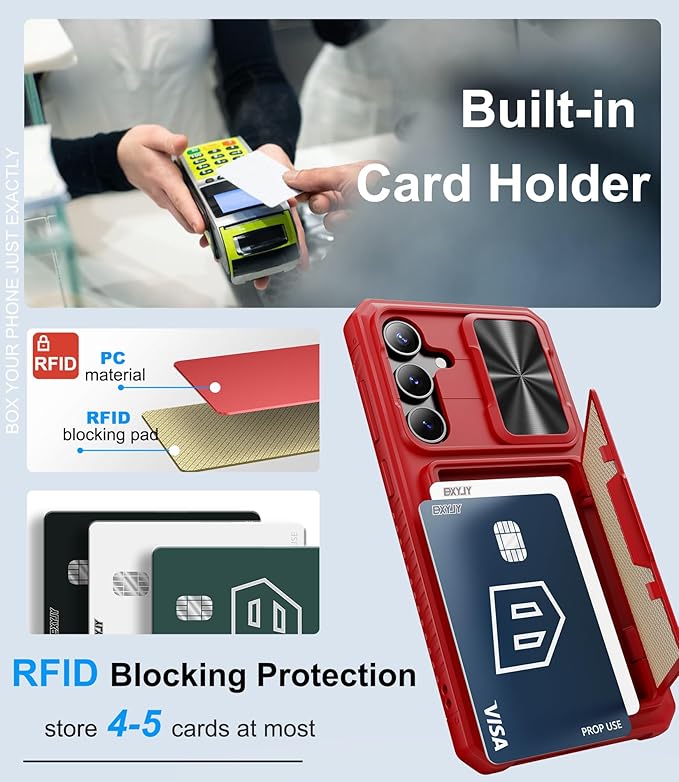 Wallet Case for Samsung Galaxy S25 FE, Card Holder (4-5 Cards), Slide Camera Cover, Military Grade Protection, Heavy Duty Women Girly Men Protective Phone Cover for Galaxy S25 FE 6.7" 2025, Red