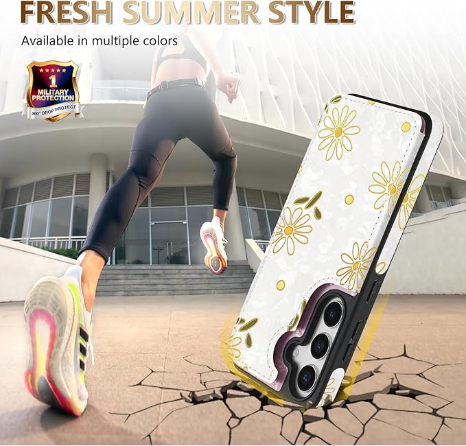 NNH Compatible with Samsung Galaxy S25 Wallet Case with RFID Blocking Card Slots Folio Flip PU Leather Kickstand Double Magnetic Clasp Design Cover for Galaxy S25(6.2 inch-White Little Daisy)