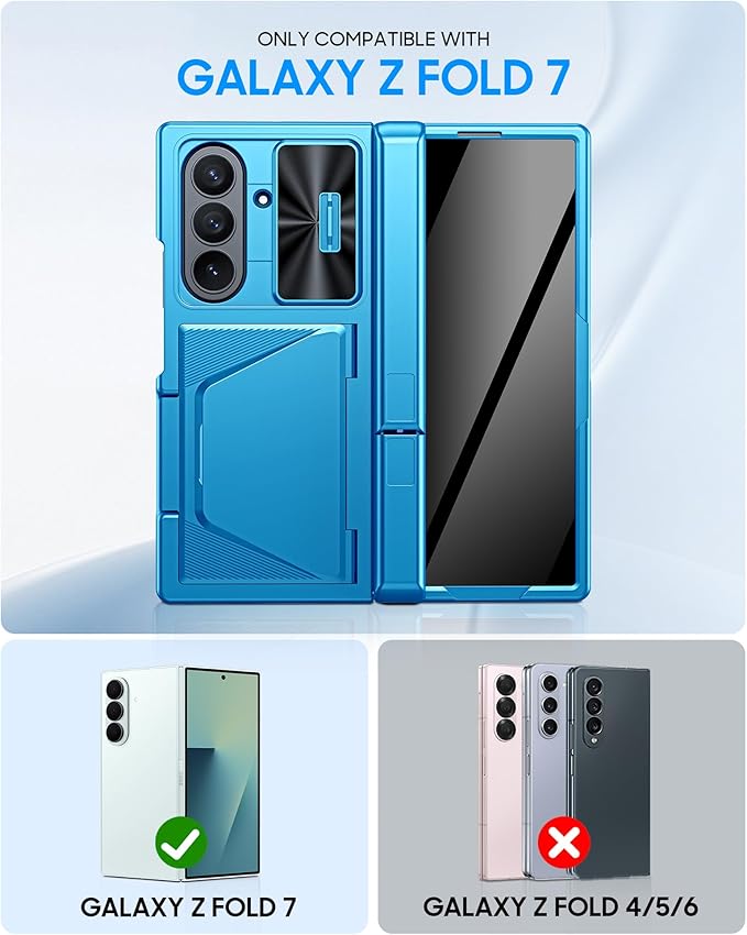 for Samsung Galaxy Z Fold 7 Case with Card Holder RFID Blocking & Privacy Screen Protector & Slide Lens Cover & Hinge Protection & Kickstand, Shockproof Wallet Case for Z Fold 7 (Lake Blue)