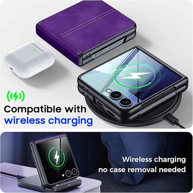 for Samsung Galaxy Z Flip 7 Case with Hinge Protection & Built-in Screen Protector, Ultra Thin Stylish Leather Matte PC Durable Shockproof Cover Phone Case for Galaxy Z Flip 7-Purple