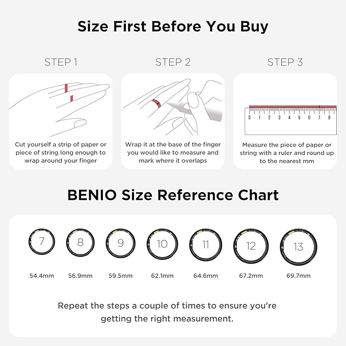 BENIO Ring Gen 2 Smart Ring, Step/Sleep/Blood Oxygen/Heart Rate Tracker for Women Men, Higher Waterproof Rating 5ATM Fitness Tracker,No Subscription Fee,for iPhone and Android (Size 8, Black)