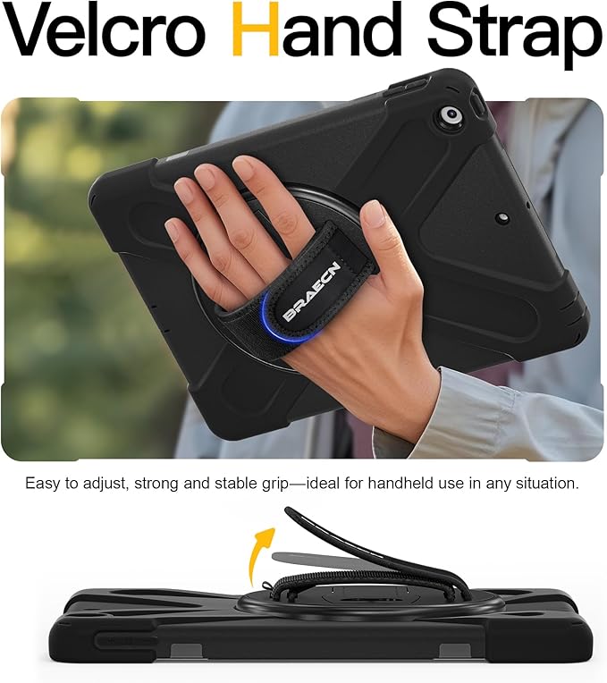 BRAECN for iPad 9th Generation Case, iPad 10.2 Case with Built in Screen Protector, Hand Strap, Swiveling Stand, Shoulder Straps, Heavy Duty Rugged Case for iPad 8th/7th Gen 10.2 Inch-Black