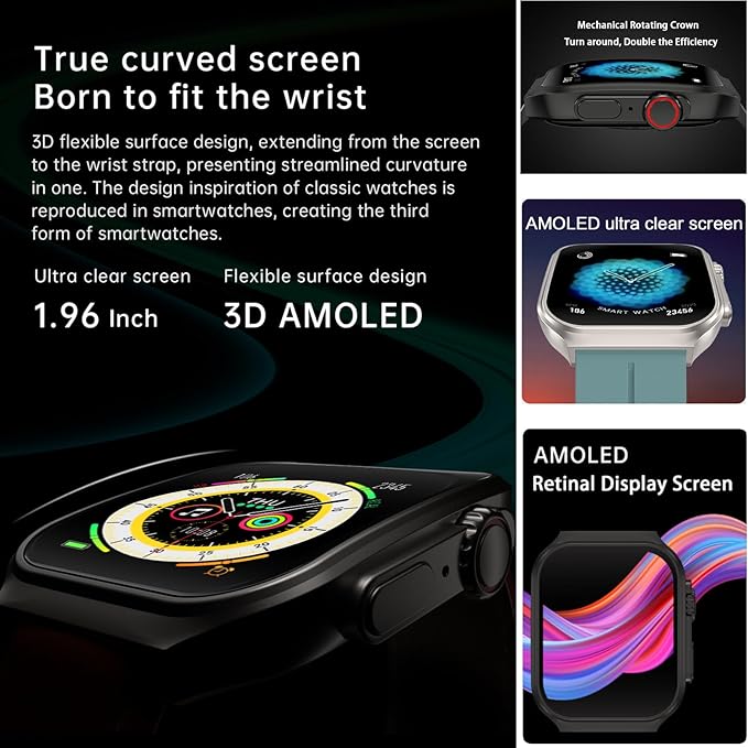Smart Watch for Men Women with Bluetooth Call, Android ＆ iOS Compatible 1.96" AMOLED Touchscreen AI Voice Fitness Tracker Heart Rate/Sleep/SpO2/Stress Monitor Pedometer, 120+ Sport Modes
