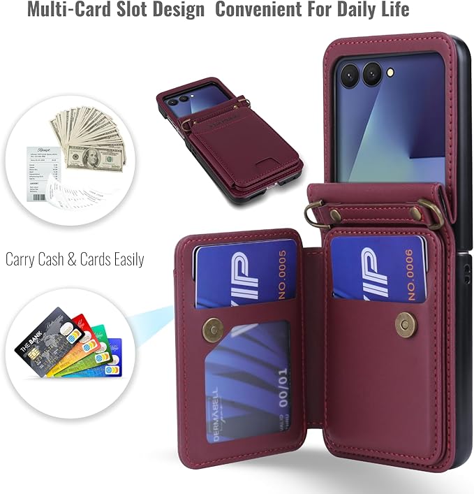 ASAPDOS for Samsung Galaxy Z Flip 7 PU Leather Wallet Phone Case with Card Slots (Holds 5 Cards), Anti-Drop Protection, Wrist & Shoulder Strap Wine Red
