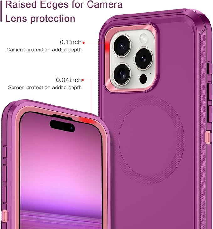for iPhone 15 Pro Case [Compatible with MagSafe] Shockproof 3-Layer Full Body Protection Rugged Heavy Duty Cover Case for Apple iPhone 15 Pro 6.1",Purple/Pink