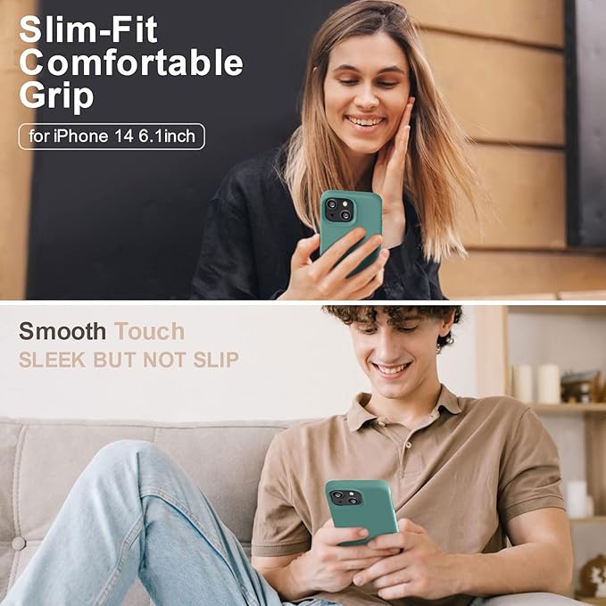 Vooii Compatible with iPhone 14 Case,[Silky Touch Premium Liquid Silicone] [Soft Anti-Scratch Microfiber Lining], Ultra Slim Shockproof Protective Case for iPhone 14 - Pine Green